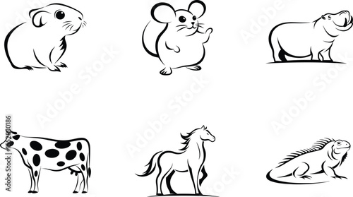 Six stylized black and white animal illustrations guinea pig