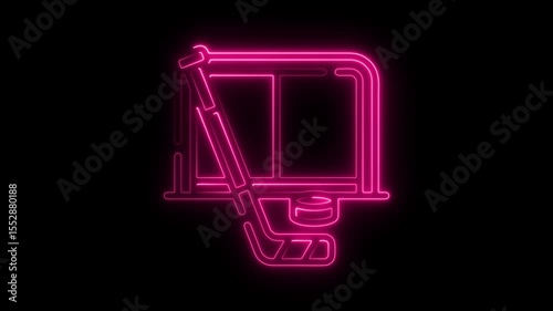 Glowing neon hockey goal and stick icon against black background