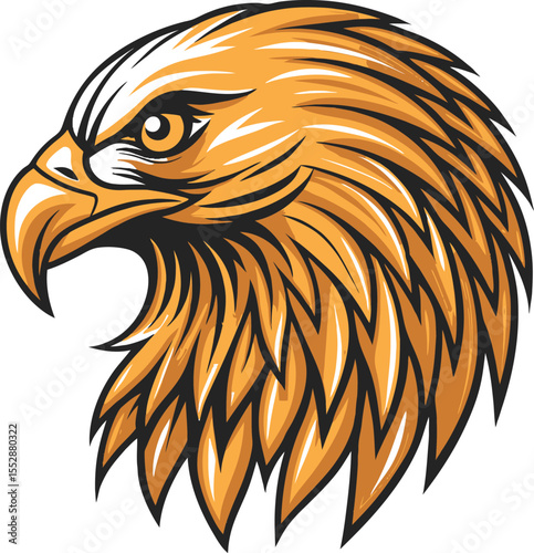 Stylized golden eagle head in profile with sharp beak presented isolated on white background