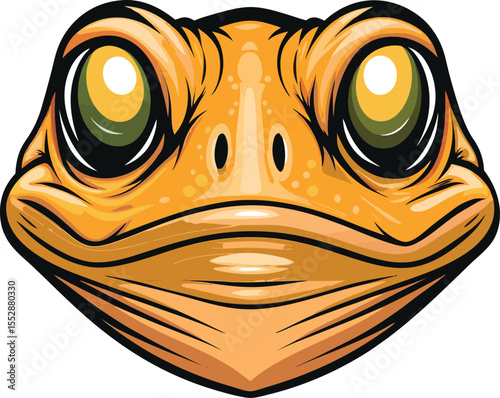 Charming flat frog head with large round eyes and vibrant green skin isolated on white background