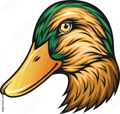 Charming flat design of a duck head with a vibrant green head and bright yellow beak isolated on white background