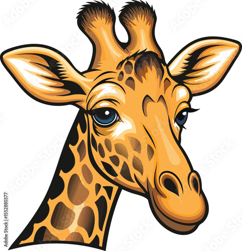 Charming flat giraffe head with a long neck base and distinctive cute spots isolated on white background