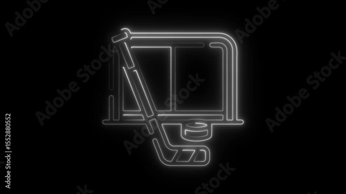 Neon hockey illustration on black background showing goal stick and puck in glowing outline