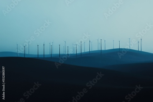 Numerous wind turbines stand tall on rolling hills, a serene landscape of clean energy.