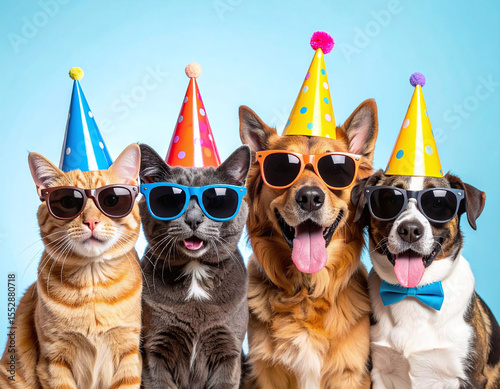 Smiling dogs and cats in birthday hats and sunglasses posing on blue studio background