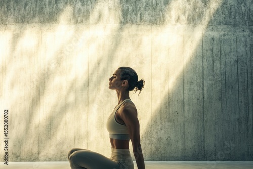 A woman in sportswear sits against a concrete wall, eyes closed, practicing mindfulness and meditation.