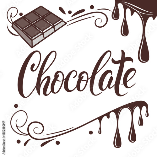 Chocolate Bar with Dripping Chocolate & Hand-Lettered Typography Vector