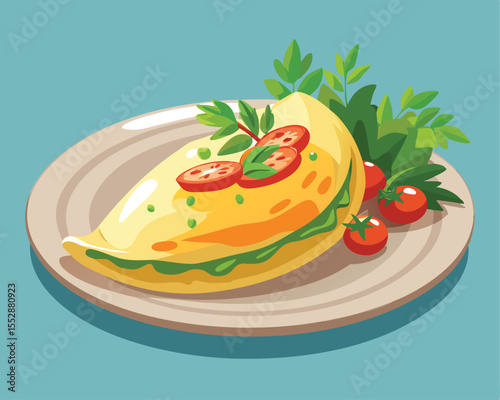 Fluffy omelet filled with fresh vegetables and herbs vector art design 