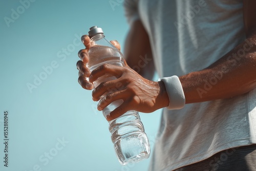 Athletic individual grasping a refillable water bottle in daylight emphasizing environmental consciousness and hydration.