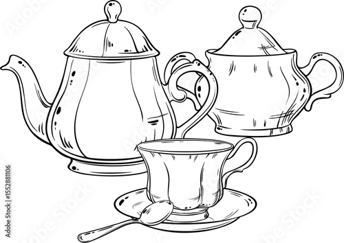 Sugar Bowl, Teapot and Cup of Tea Outline Illustration