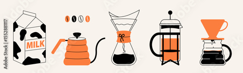 Set of coffee illustrations or icons for menu, kitchen, cafe, poster design. Pour-over coffee, kettle, manual grinder, french press, milk. Vector minimalist art.