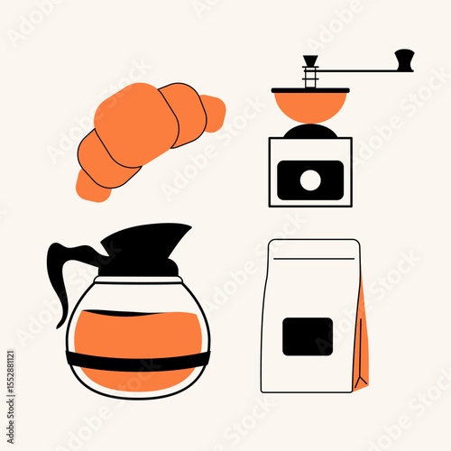 Set of coffee illustrations or icons for menu, kitchen, cafe, poster design. Drip coffee, manual grinder, croissant. Vector minimalist art.