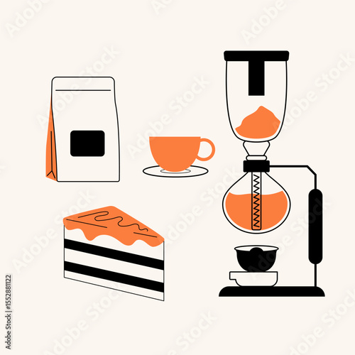 Сoffee сoncept illustrations or icons for menu, kitchen, cafe, poster design. Vacuum coffee maker,cake. Vector minimalist art.