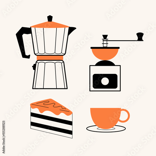 Сoffee сoncept illustrations or icons for menu, kitchen, cafe, poster design. Espresso maker, manual coffee grinder, mug, cake. Vector minimalist art.