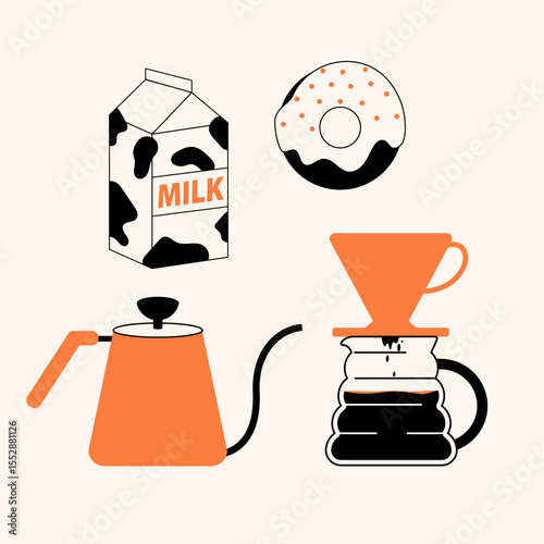 Set of coffee illustrations  or icons for menu, kitchen, cafe, poster design. Drip coffee, doughnut, milk. Vector minimalist art.