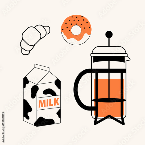 Сoffee  illustrations or icons for menu, kitchen, cafe, poster design. French press, doughnut, croissant,milk. Vector minimalist art.