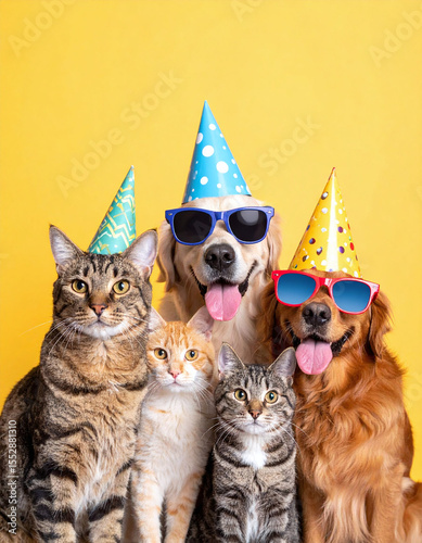 Playful dogs and cats posing for birthday party with colorful hats and sunglasses