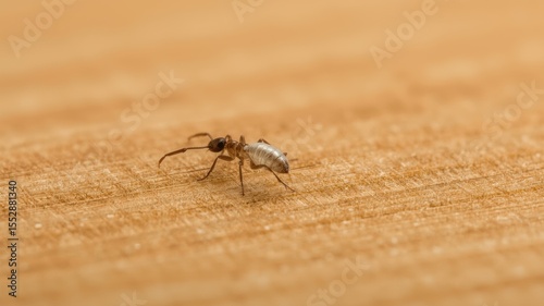 A close-up of an ant walking on a textured wooden surface, showcasing intricate details of its body and the grain of the wood.
