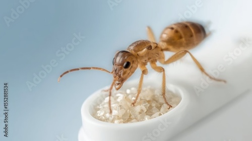 Close-up of an ant exploring its surroundings, with a focus on its intricate features and textures against a soft background.