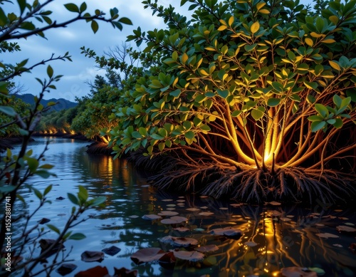 a glowing coastal mangrove forest absorbing carbon dioxide, symbolizing vital natural carbon sinks protecting ecosystems.
