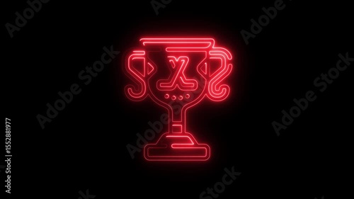 Animated neon trophy icon illuminating on a black background symbolizing achievement recognition or success