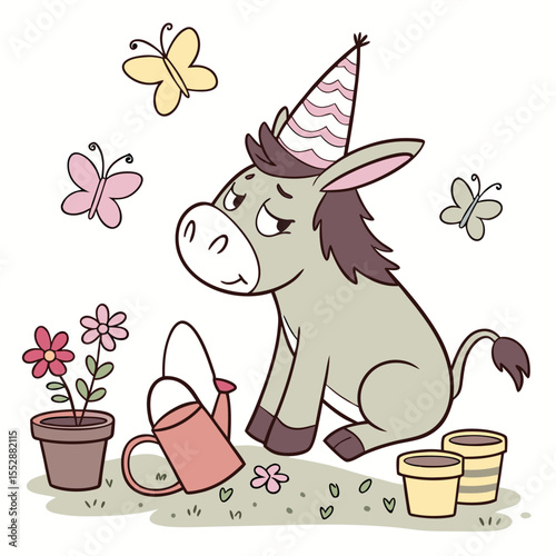 Spring Garden themed SVG: Grumpy Donkey with wearing a party hat in a Spring garden environment
