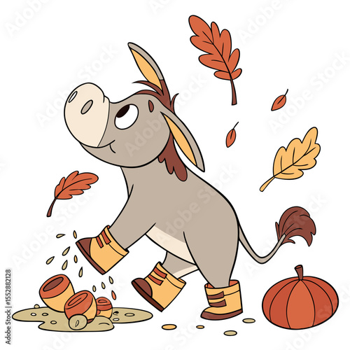 Creative SVG: Cheerful Donkey with splashing in puddles in a Autumn Leaves colored Autumn theme