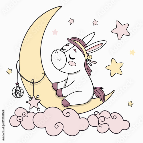 An adorable Donkey with a Happy vibe, sitting on a moon, and a Dreamland Fantasy dream theme – SVG style