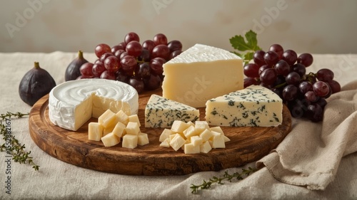 A beautifully arranged cheese platter featuring various cheeses and fresh grapes, perfect for a gourmet experience.
