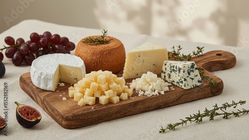 A wooden board displays an assortment of cheeses, including blocks and crumbles, accompanied by grapes and herbs in a soft, natural light.