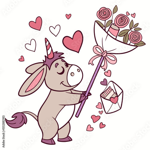 Valentine Blush themed SVG: Silly Donkey with with a magic wand in a Valentine environment