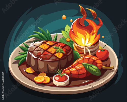 Gourmet surf and turf dish with grilled steak and and foods vector art design 