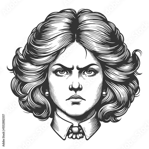 stern-faced woman with voluminous, wavy hair and a bold, intense expression in vintage style sketch engraving generative ai fictional character vector illustration. Scratch board. Black and white.