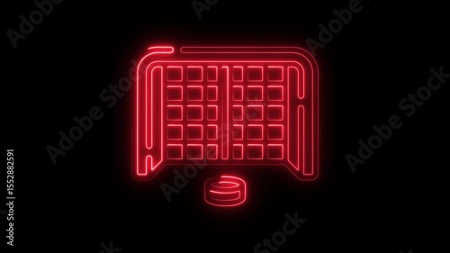Animated red neon hockey goal and puck on black background