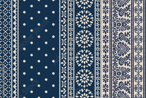 Floral Embroidery Ikat Saree Pattern in Traditional Ethnic Style, Abstract Fabric Design for Clothing Wrapping and Decoration, Seamless Textile Motif Background Vector.