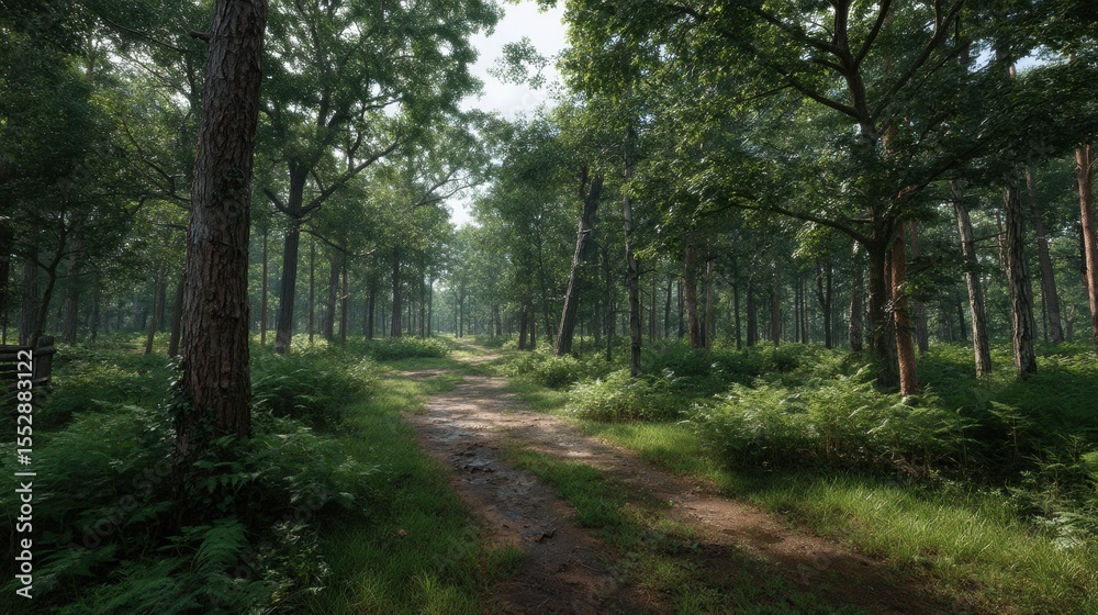 Fototapeta premium Exploring a Serene Dirt Road Through the Enchanting Forest on World Environment Day