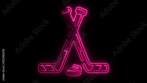 Glowing pink neon hockey sticks and puck symbol isolated on black background representing the sport