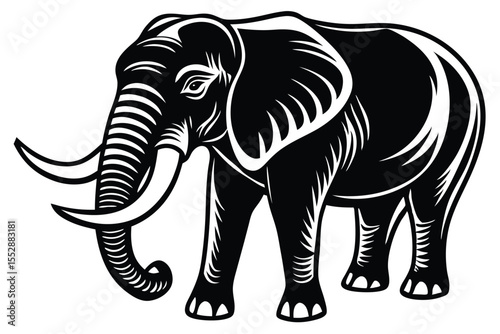 Detailed monochrome elephant majestically stands tall with its trunk gently curving down in silhouette
