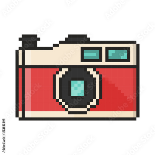 8 bit retro camera icon. Pixel art object. Old school vintage game graphic