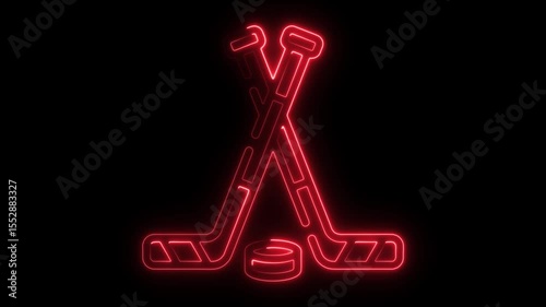 Animated neon hockey sticks and puck glowing against a black background perfect for sports and entertainment visuals