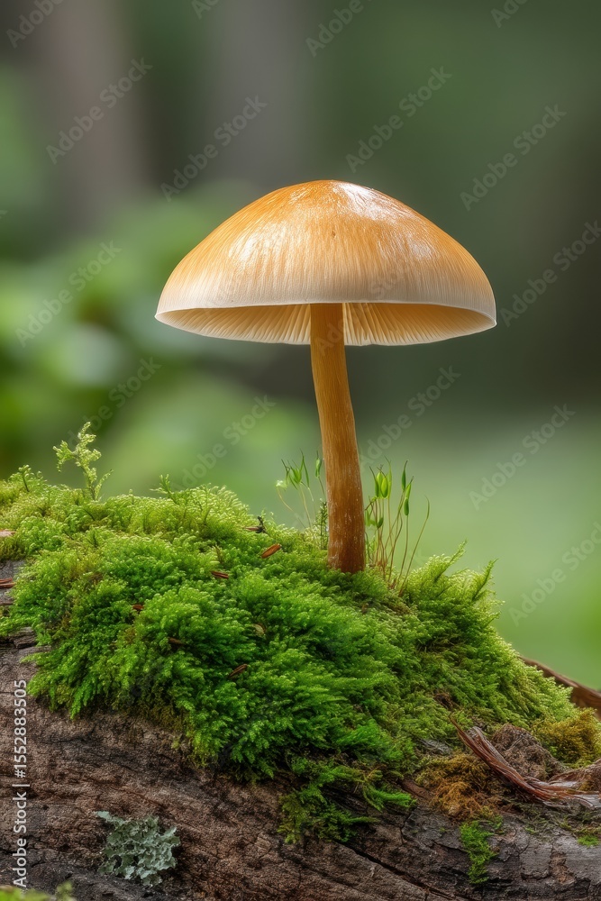 Fototapeta premium A Beautiful Mushroom Thriving on a Vibrant Moss Covered Log: Celebrating Nature's Wonders this World Environment Day