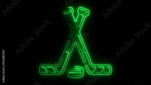 Animated neon hockey equipment icon in glowing green on black background for sports content