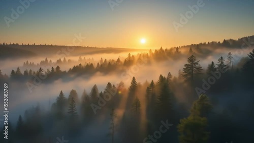 Misty Forest Sunrise: Golden Light Through Evergreen Trees at Dawn