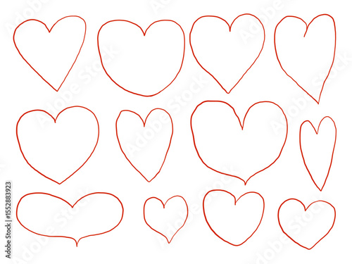 Line Art Heart Outline Element. A charming collection of twelve hand drawn heart outlines in various styles from plump to narrow and abstract. Perfect for love themed designs stickers cards packaging