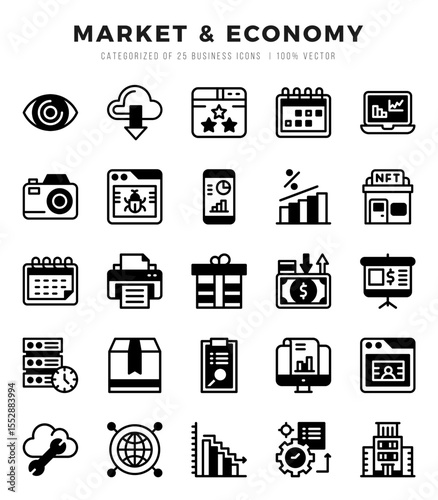 Set of 25 Market & Economy Lineal Filled Icons Pack.