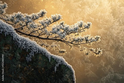 Frost-covered pine branch extends over a mossy rock, bathed in golden morning sunlight, creating a serene winter scene.