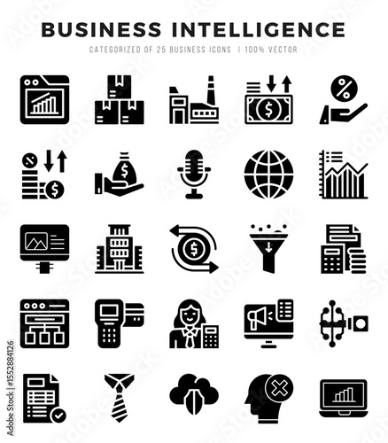 Vector icons set of Business Intelligence. Glyph style Icons.