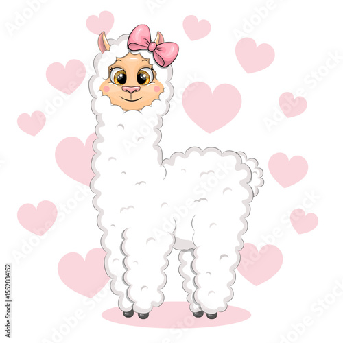 Cute Cartoon Llama with pink and hair bow. Vector Illustration with animal on white background with pink hearts.