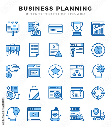 Set of Business Strategy Icons. Simple Two Color art style icons pack.
