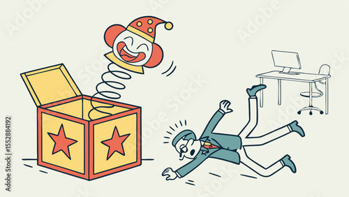 Vector playful jack in box surprises man, creating humorous scene in office setting